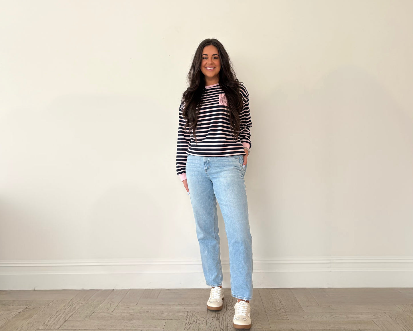 Pink and Navy Striped Crew Neck
