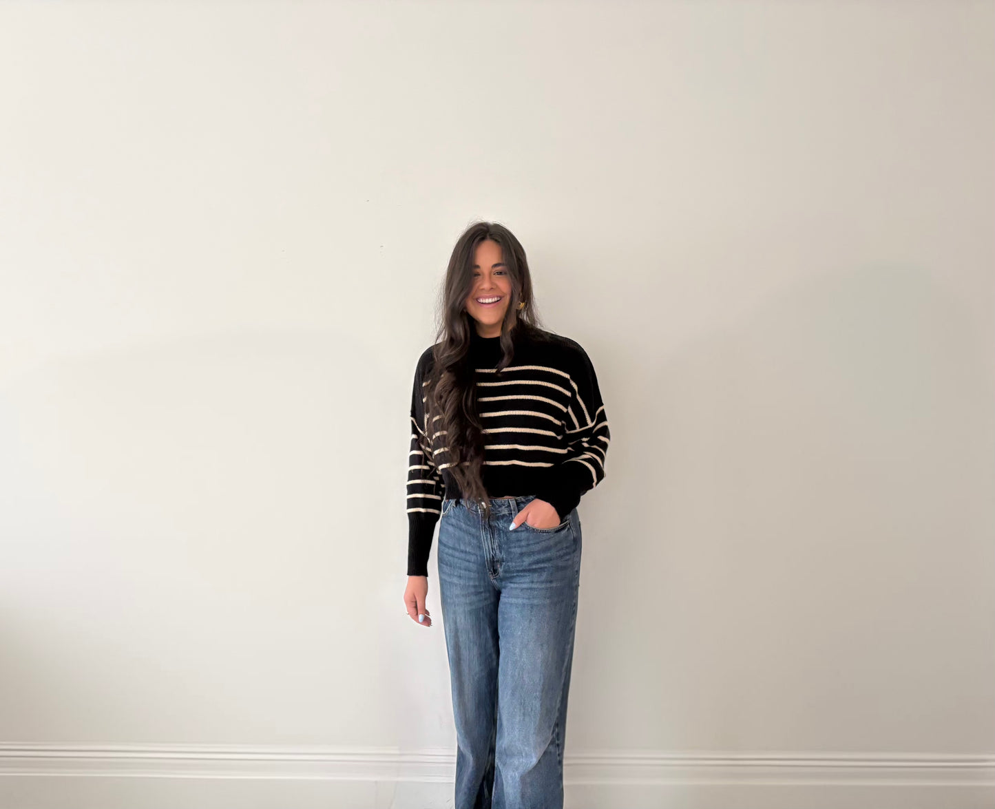 Cropped Cream Cut Black Sweater Top