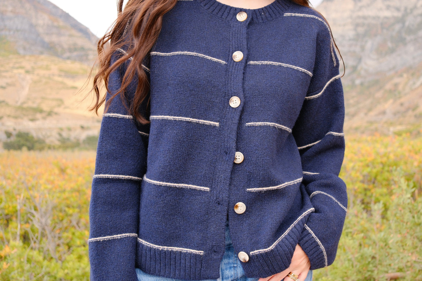 Navy Button Front Striped Cardigan