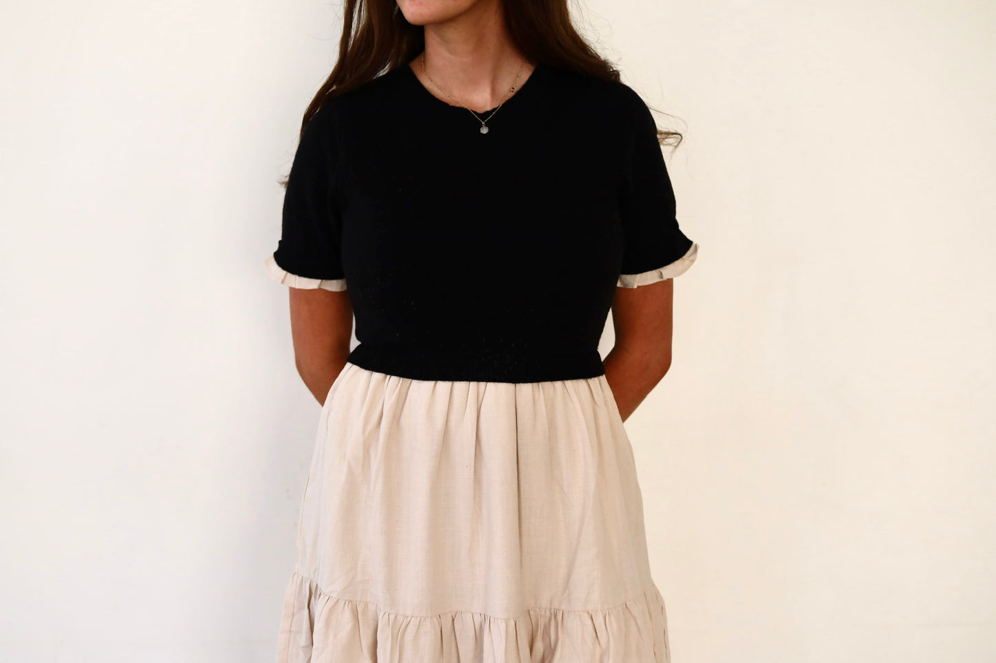 Tiered Midi Dress with Sweater Top and Woven Skirt