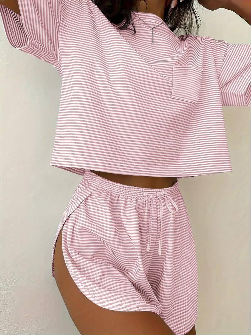 Pink Stripe Lounge Pajama Set Tee Top Drawstring Shorts