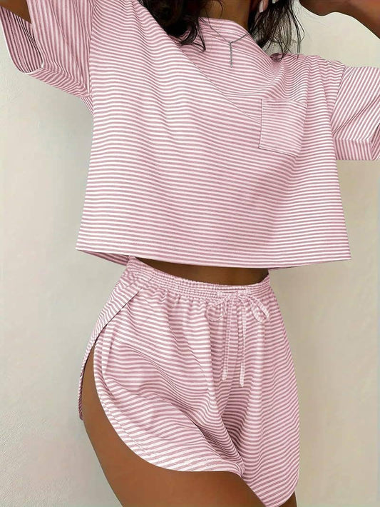 Pink Stripe Lounge Pajama Set Tee Top Drawstring Shorts