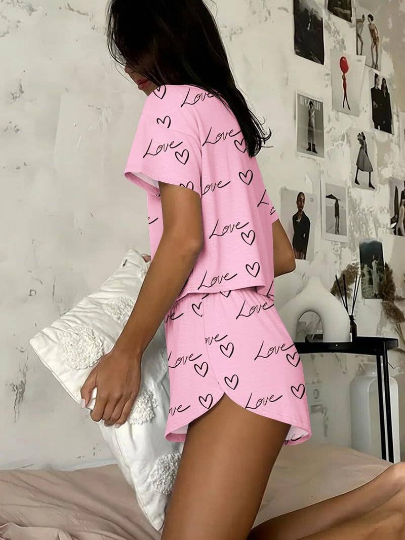 Pink Stripe Lounge Pajama Set Tee Top Drawstring Shorts