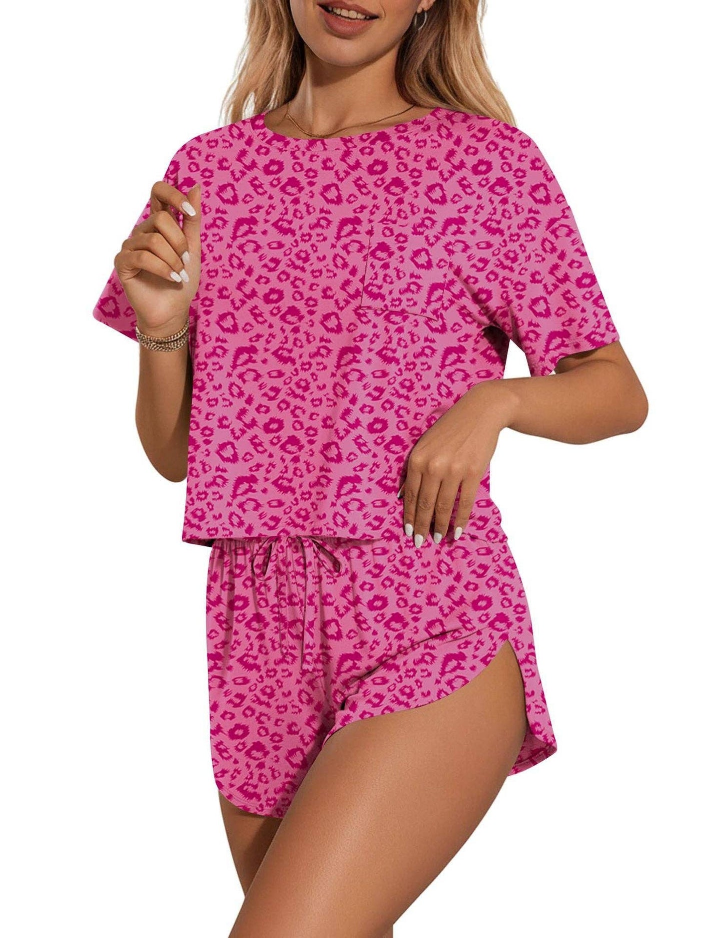 Pink Stripe Lounge Pajama Set Tee Top Drawstring Shorts