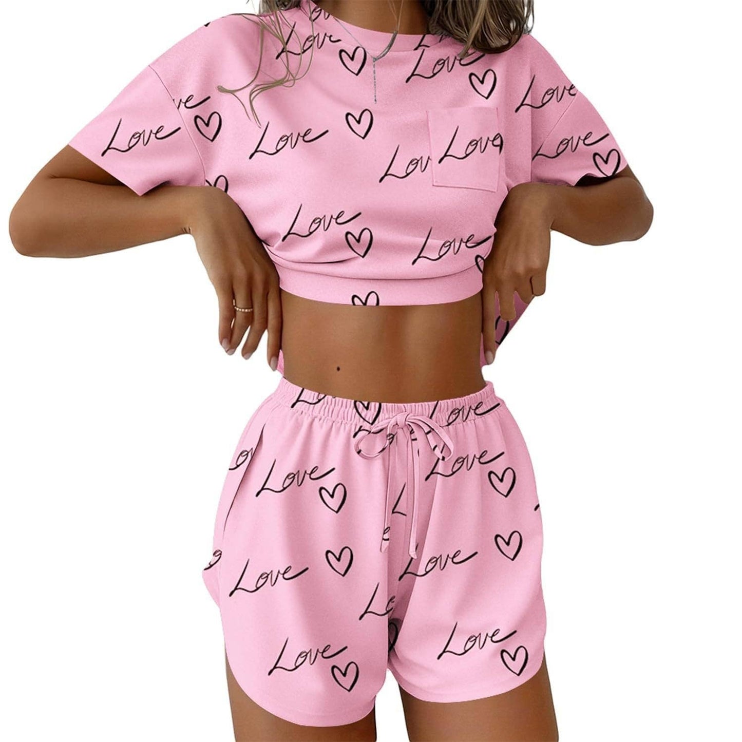 Pink Stripe Lounge Pajama Set Tee Top Drawstring Shorts
