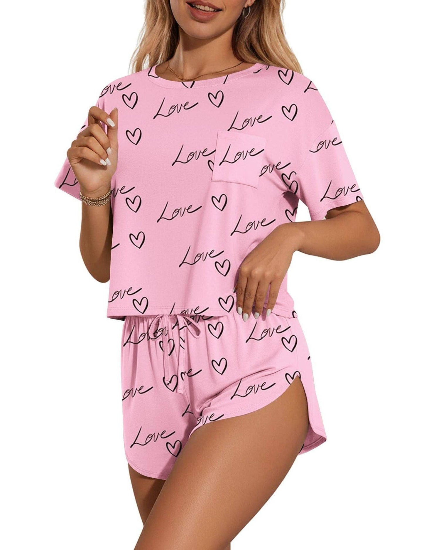 Pink Stripe Lounge Pajama Set Tee Top Drawstring Shorts