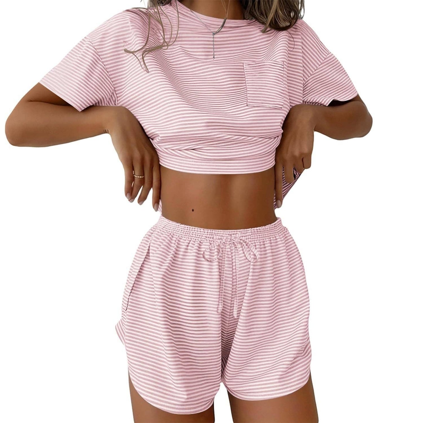 Pink Stripe Lounge Pajama Set Tee Top Drawstring Shorts