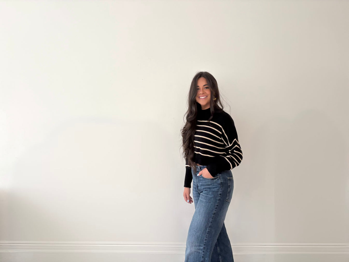 Cropped Cream Cut Black Sweater Top
