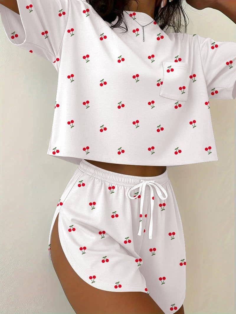 Pink Stripe Lounge Pajama Set Tee Top Drawstring Shorts
