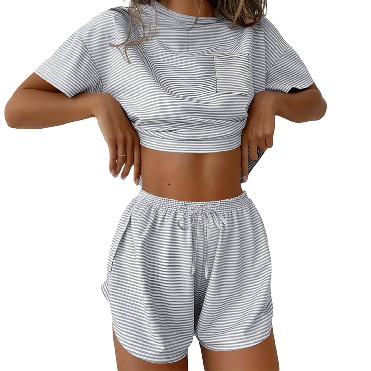 Pink Stripe Lounge Pajama Set Tee Top Drawstring Shorts