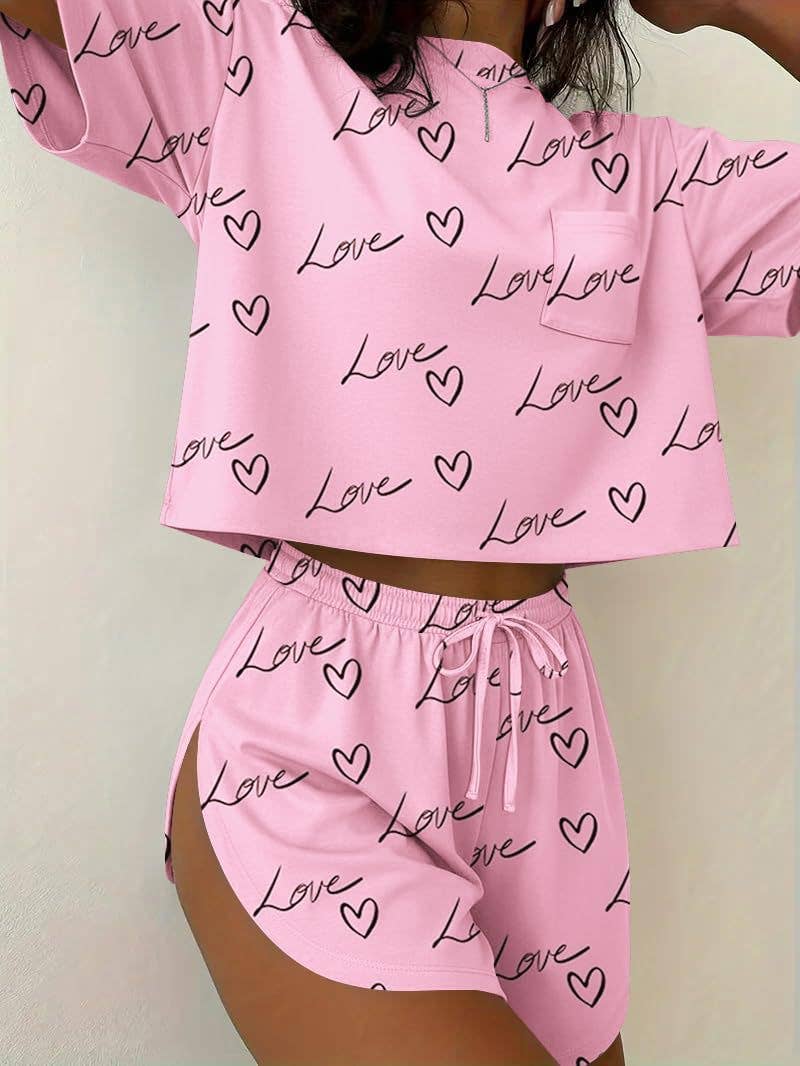 Pink Stripe Lounge Pajama Set Tee Top Drawstring Shorts