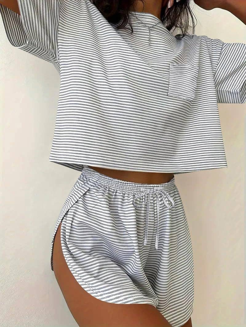 Pink Stripe Lounge Pajama Set Tee Top Drawstring Shorts
