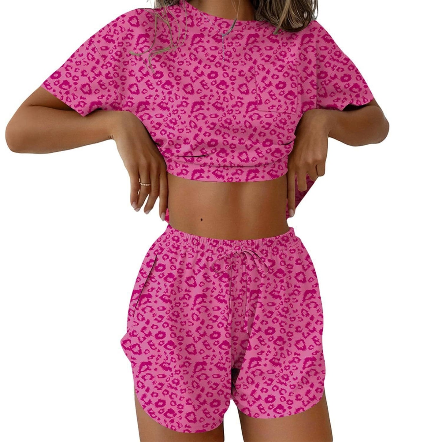 Pink Stripe Lounge Pajama Set Tee Top Drawstring Shorts
