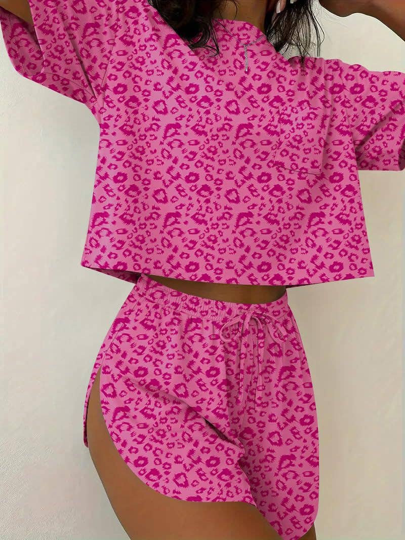 Pink Stripe Lounge Pajama Set Tee Top Drawstring Shorts