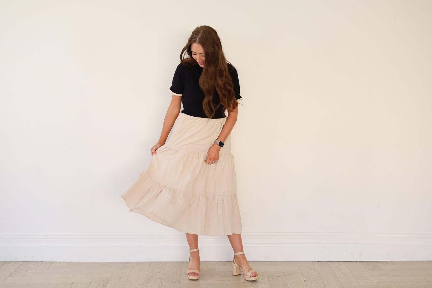 Tiered Midi Dress with Sweater Top and Woven Skirt
