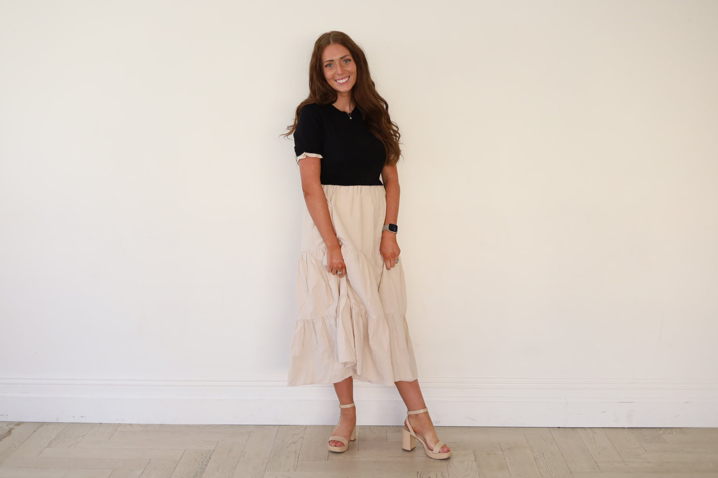 Tiered Midi Dress with Sweater Top and Woven Skirt