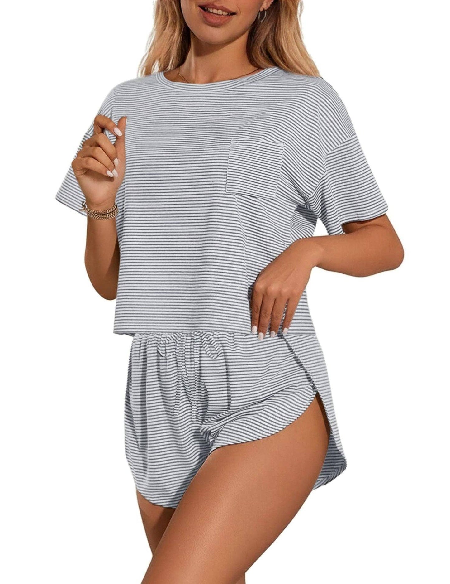 Pink Stripe Lounge Pajama Set Tee Top Drawstring Shorts